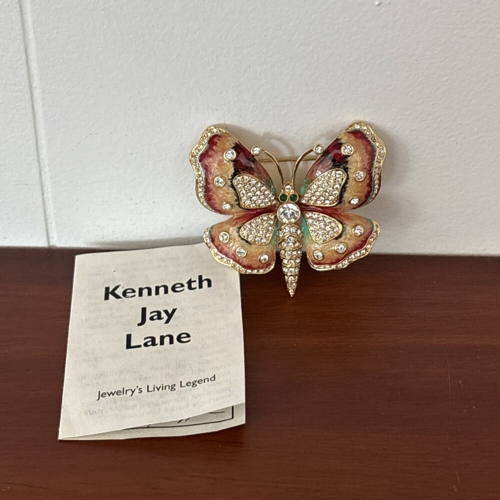 Kenneth Jay Lane KJL Large Princess Butterfly Brooch Pin Enameled Gold